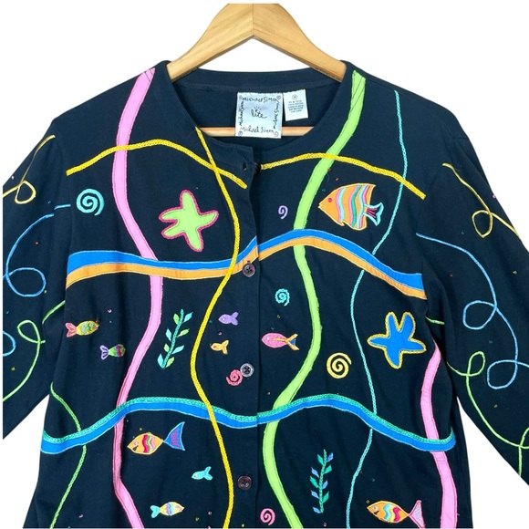 Michael Simon Lite Cardigan Embroidered Under Sea Sequins Open Front Size Medium - Picture 4 of 11